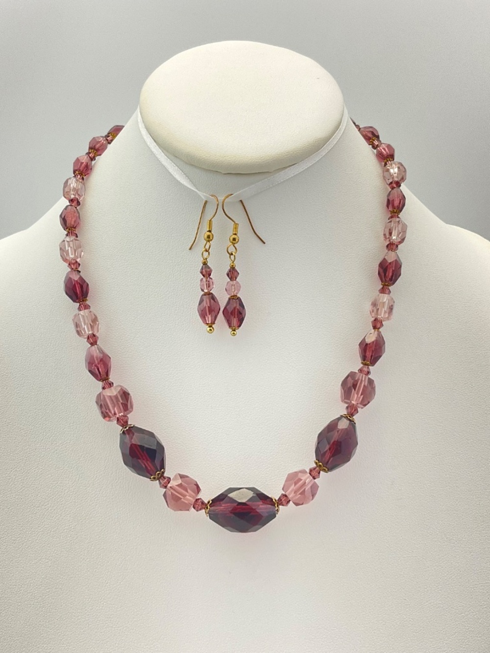 Vintage Crystals Necklace & Earrings, Plum, Purple, Red Violet, Handmade